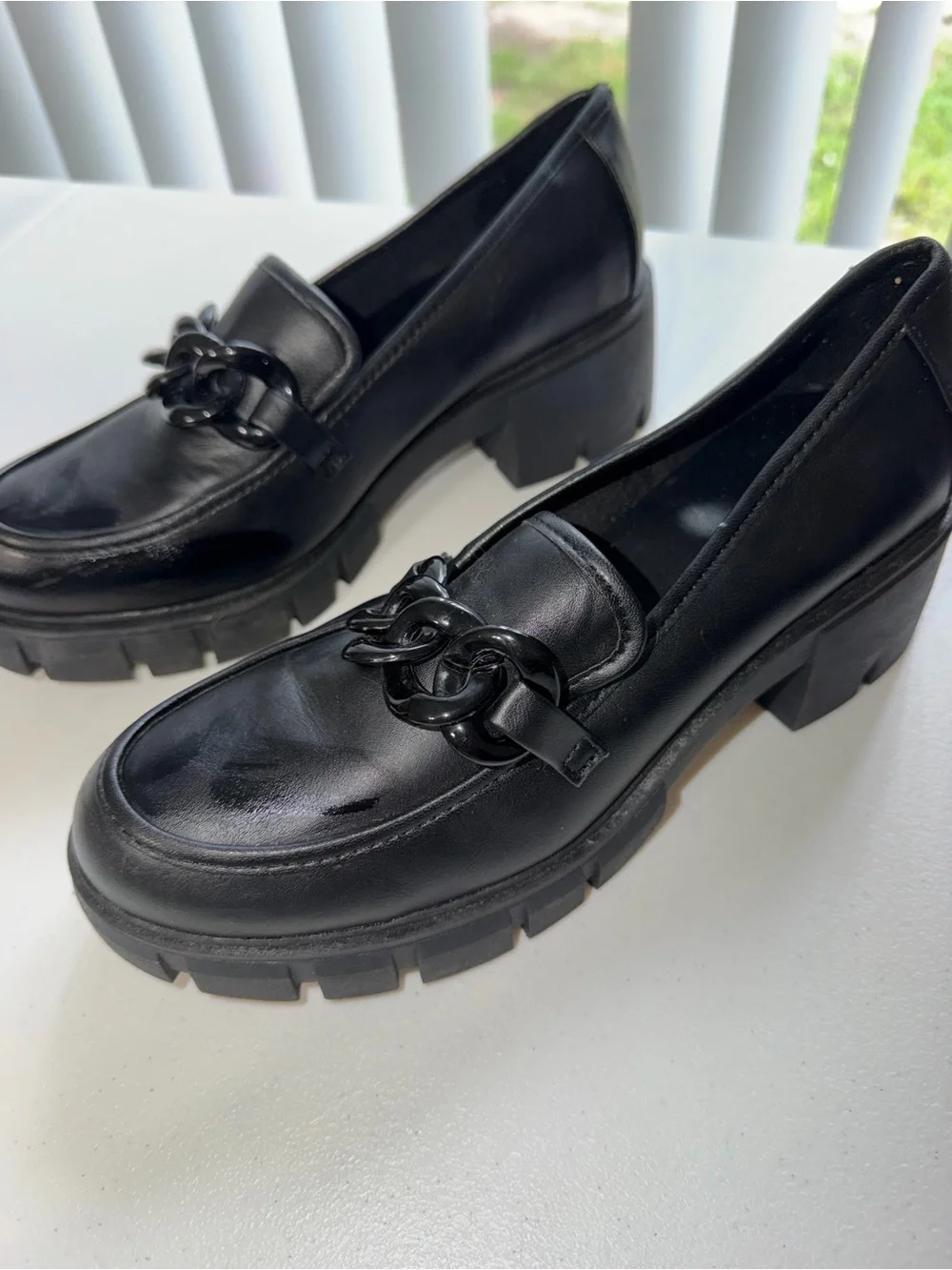 Black Chunky Chain Loafer Heels - Women's Dress Shoes